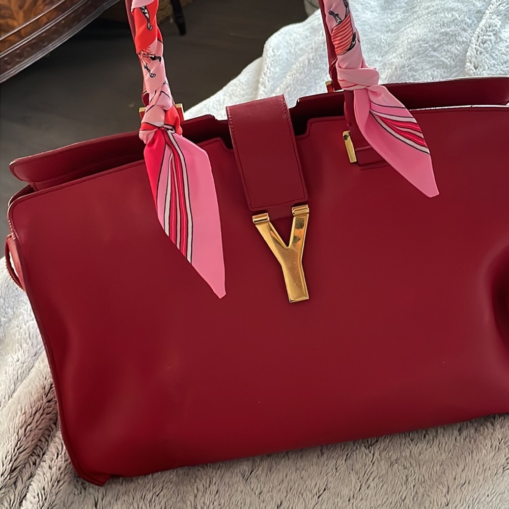 Medium Classic YSL Cabas bag RED w/ twilly scarf